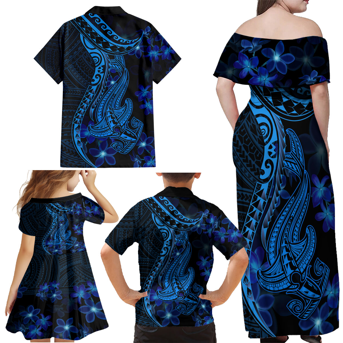 Blue Polynesia Shark Tattoo Family Matching Off Shoulder Maxi Dress and Hawaiian Shirt With Polynesian Plumeria - Wonder Print Shop