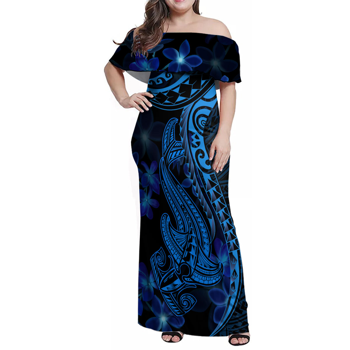 Blue Polynesia Shark Tattoo Family Matching Off Shoulder Maxi Dress and Hawaiian Shirt With Polynesian Plumeria - Wonder Print Shop