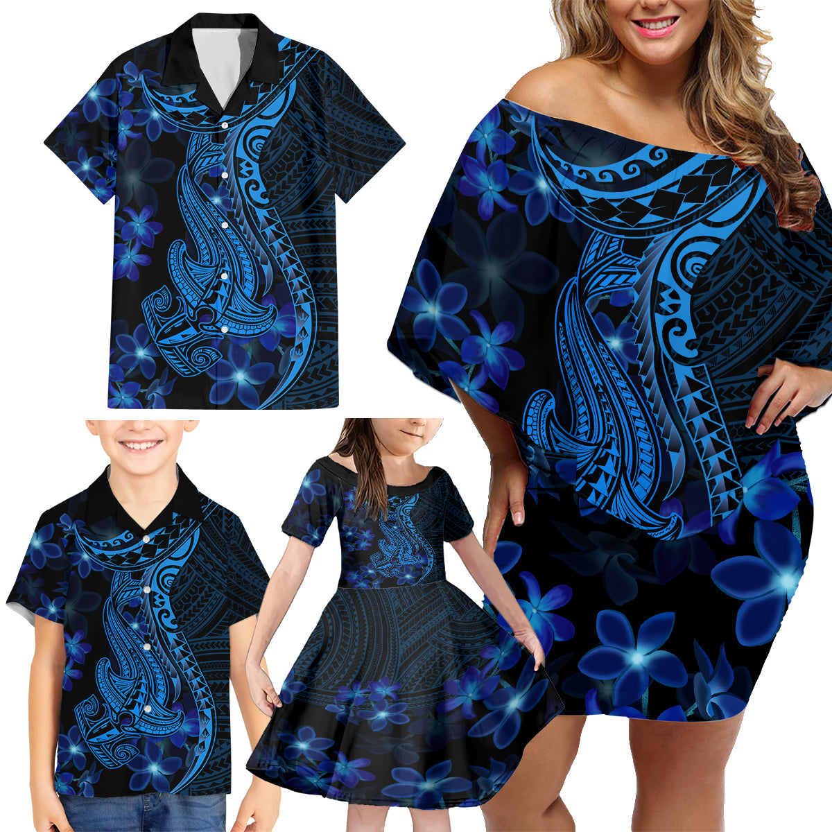 Blue Polynesia Shark Tattoo Family Matching Off Shoulder Short Dress and Hawaiian Shirt With Polynesian Plumeria - Wonder Print Shop
