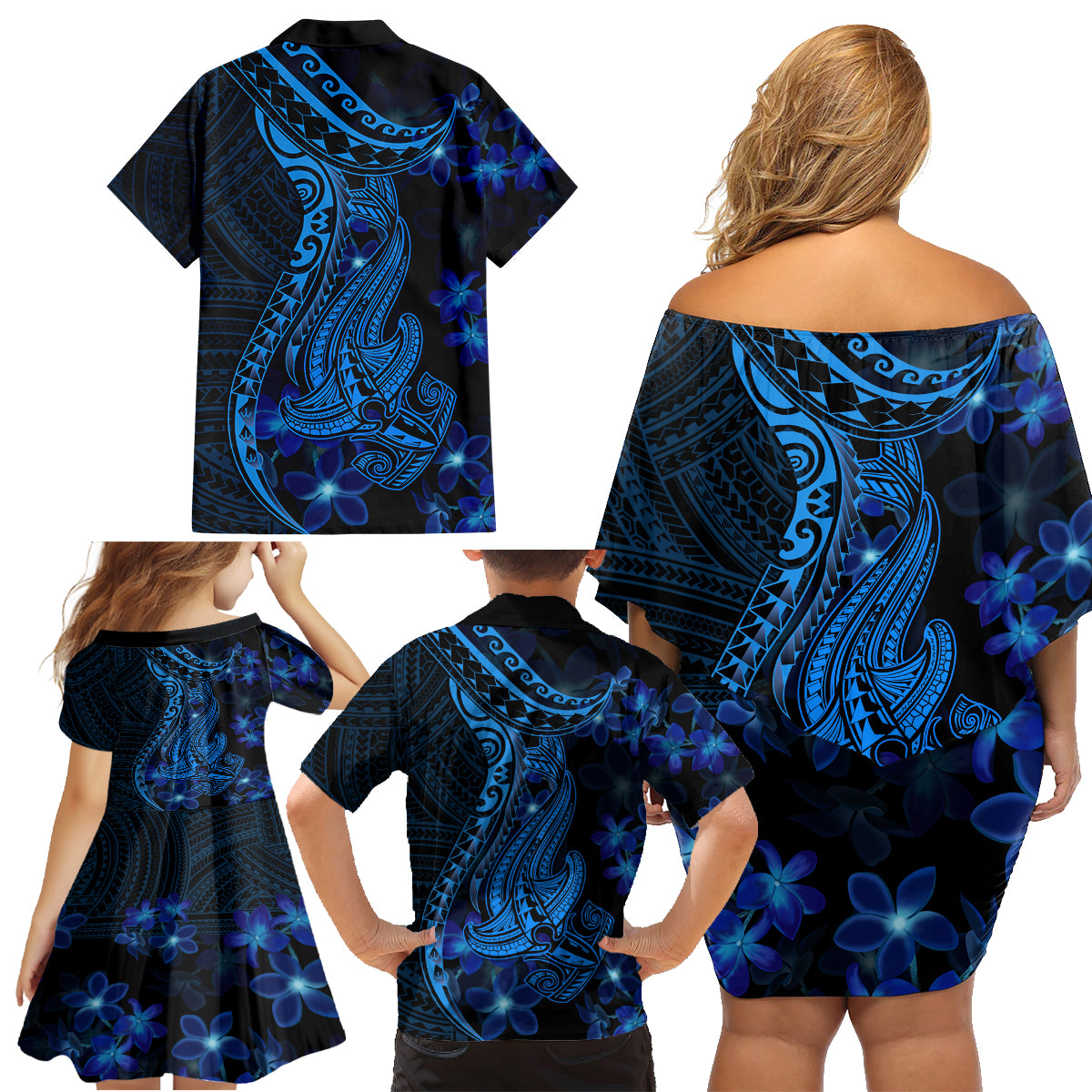 Blue Polynesia Shark Tattoo Family Matching Off Shoulder Short Dress and Hawaiian Shirt With Polynesian Plumeria - Wonder Print Shop