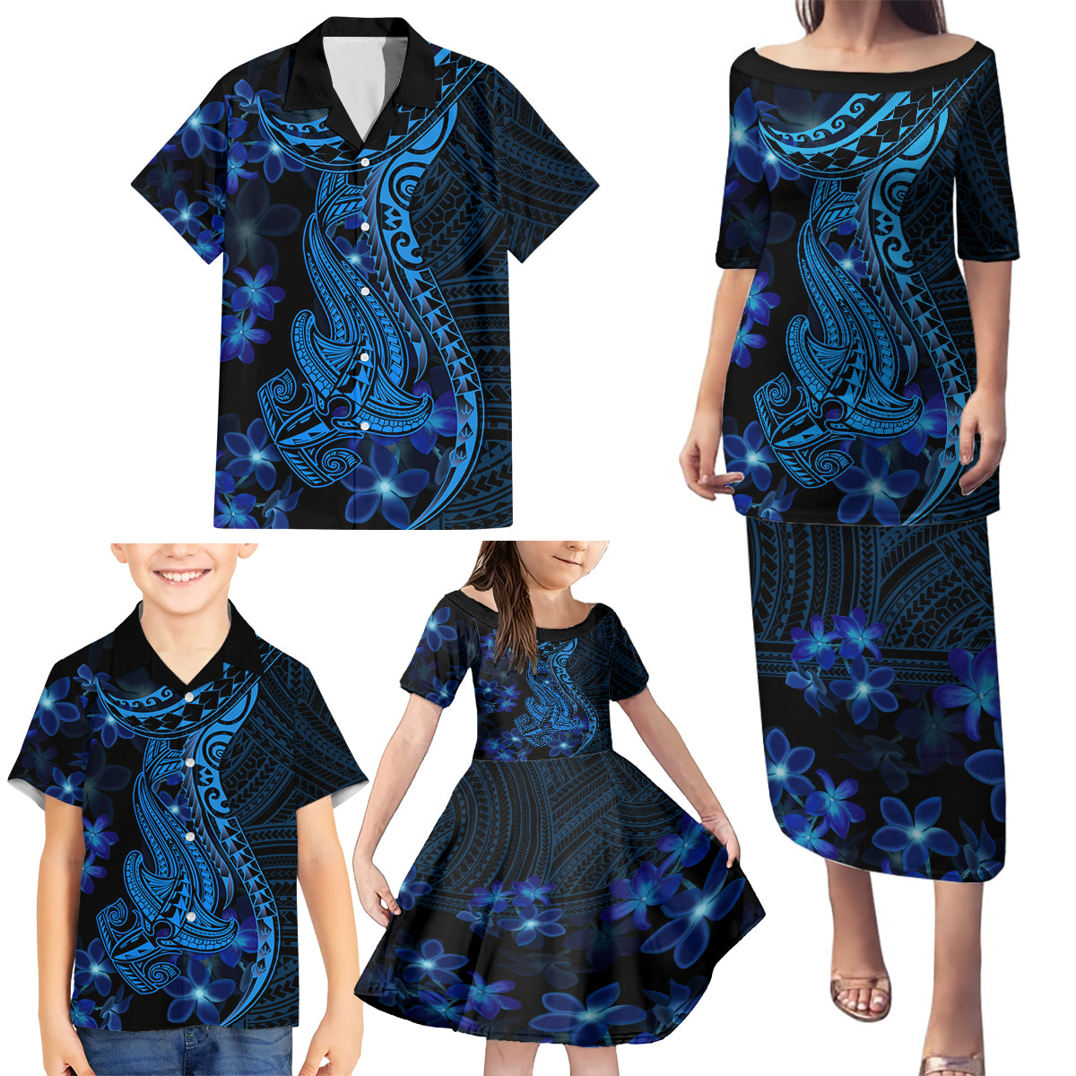 Blue Polynesia Shark Tattoo Family Matching Puletasi Dress and Hawaiian Shirt With Polynesian Plumeria - Wonder Print Shop
