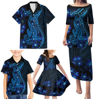 Blue Polynesia Shark Tattoo Family Matching Puletasi Dress and Hawaiian Shirt With Polynesian Plumeria - Wonder Print Shop