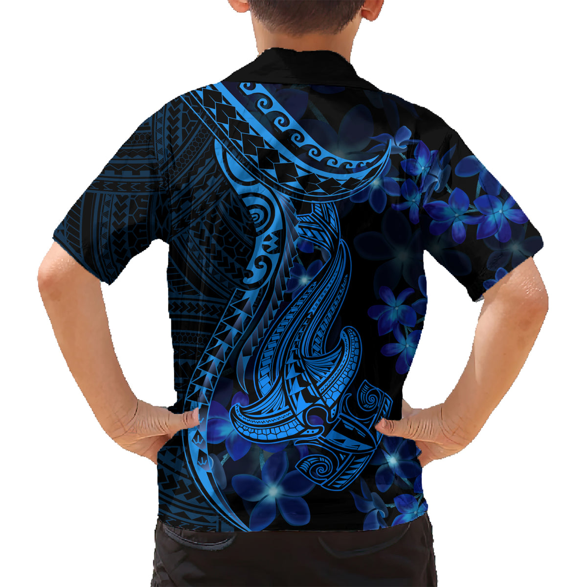 Blue Polynesia Shark Tattoo Family Matching Short Sleeve Bodycon Dress and Hawaiian Shirt With Polynesian Plumeria - Wonder Print Shop