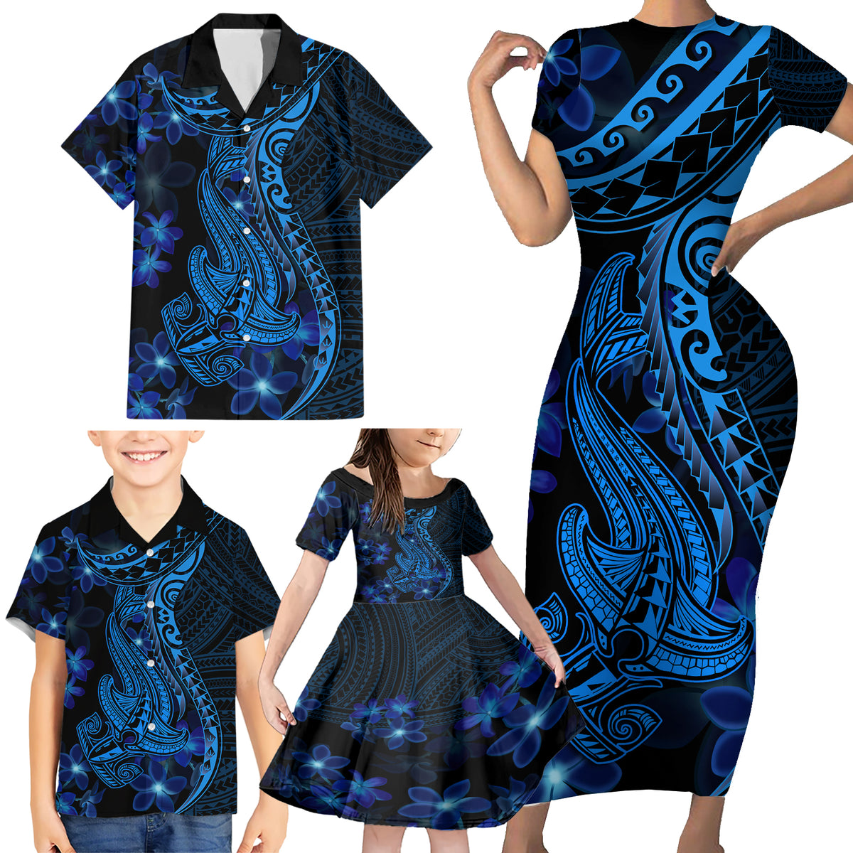 Blue Polynesia Shark Tattoo Family Matching Short Sleeve Bodycon Dress and Hawaiian Shirt With Polynesian Plumeria - Wonder Print Shop