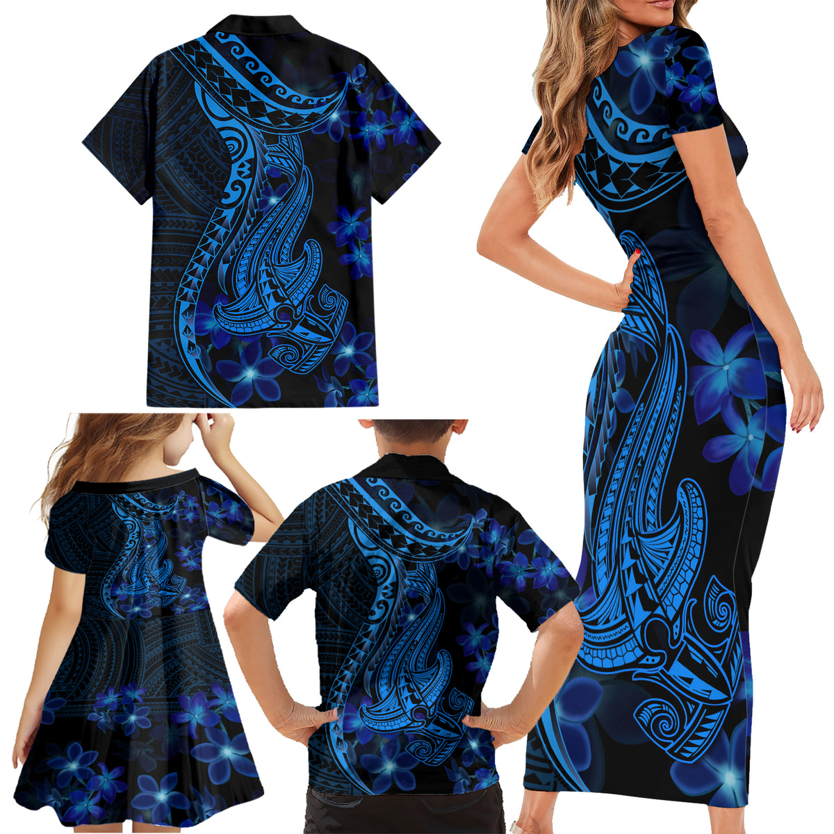 Blue Polynesia Shark Tattoo Family Matching Short Sleeve Bodycon Dress and Hawaiian Shirt With Polynesian Plumeria - Wonder Print Shop