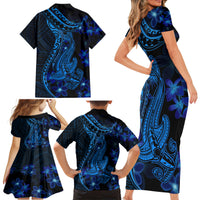 Blue Polynesia Shark Tattoo Family Matching Short Sleeve Bodycon Dress and Hawaiian Shirt With Polynesian Plumeria - Wonder Print Shop