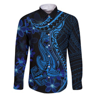 Blue Polynesia Shark Tattoo Family Matching Short Sleeve Bodycon Dress and Hawaiian Shirt With Polynesian Plumeria - Wonder Print Shop