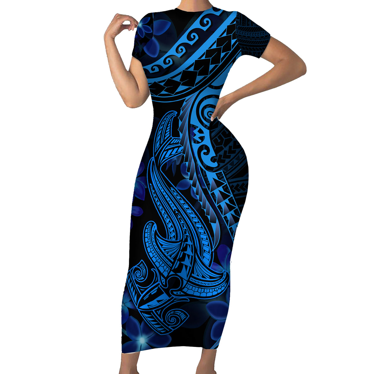 Blue Polynesia Shark Tattoo Family Matching Short Sleeve Bodycon Dress and Hawaiian Shirt With Polynesian Plumeria - Wonder Print Shop