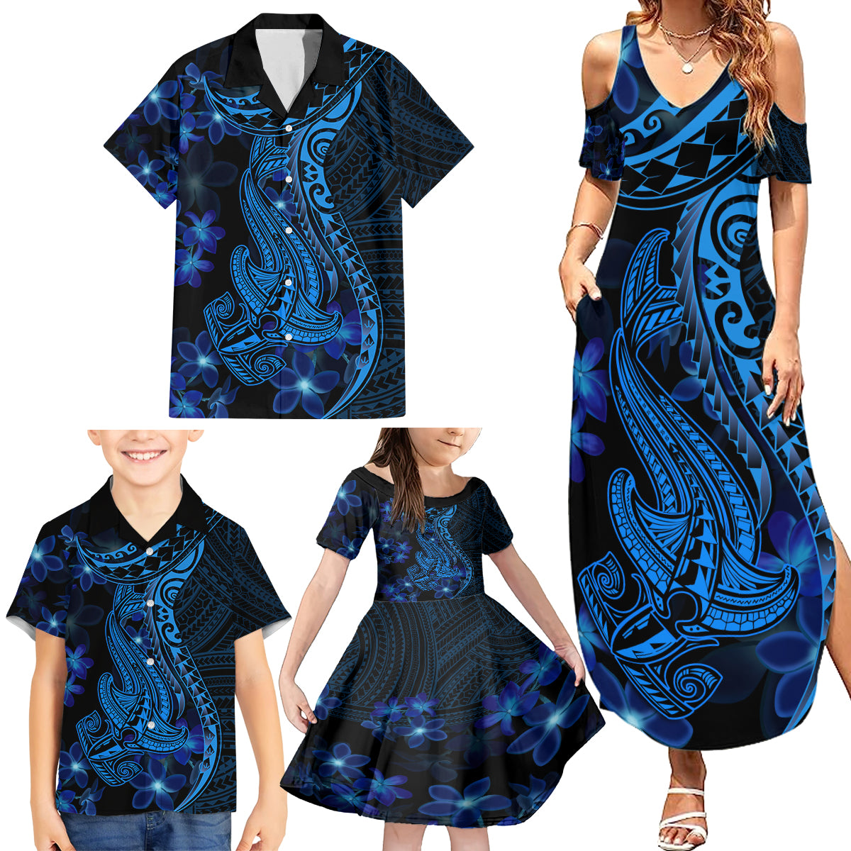 Blue Polynesia Shark Tattoo Family Matching Summer Maxi Dress and Hawaiian Shirt With Polynesian Plumeria - Wonder Print Shop