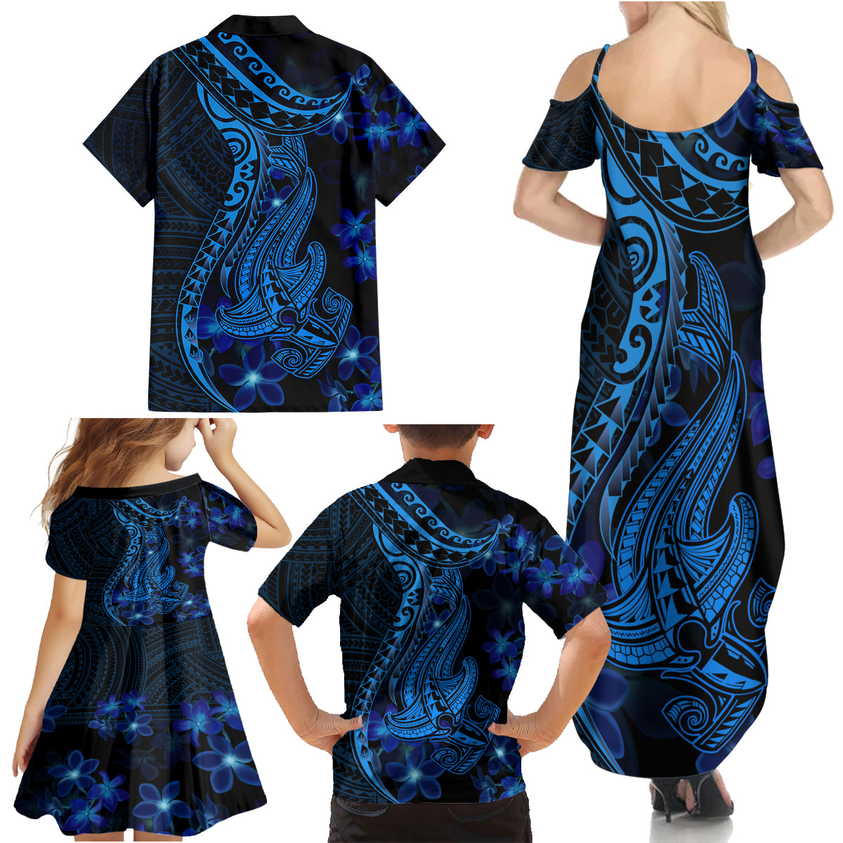 Blue Polynesia Shark Tattoo Family Matching Summer Maxi Dress and Hawaiian Shirt With Polynesian Plumeria - Wonder Print Shop