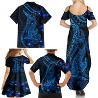 Blue Polynesia Shark Tattoo Family Matching Summer Maxi Dress and Hawaiian Shirt With Polynesian Plumeria - Wonder Print Shop