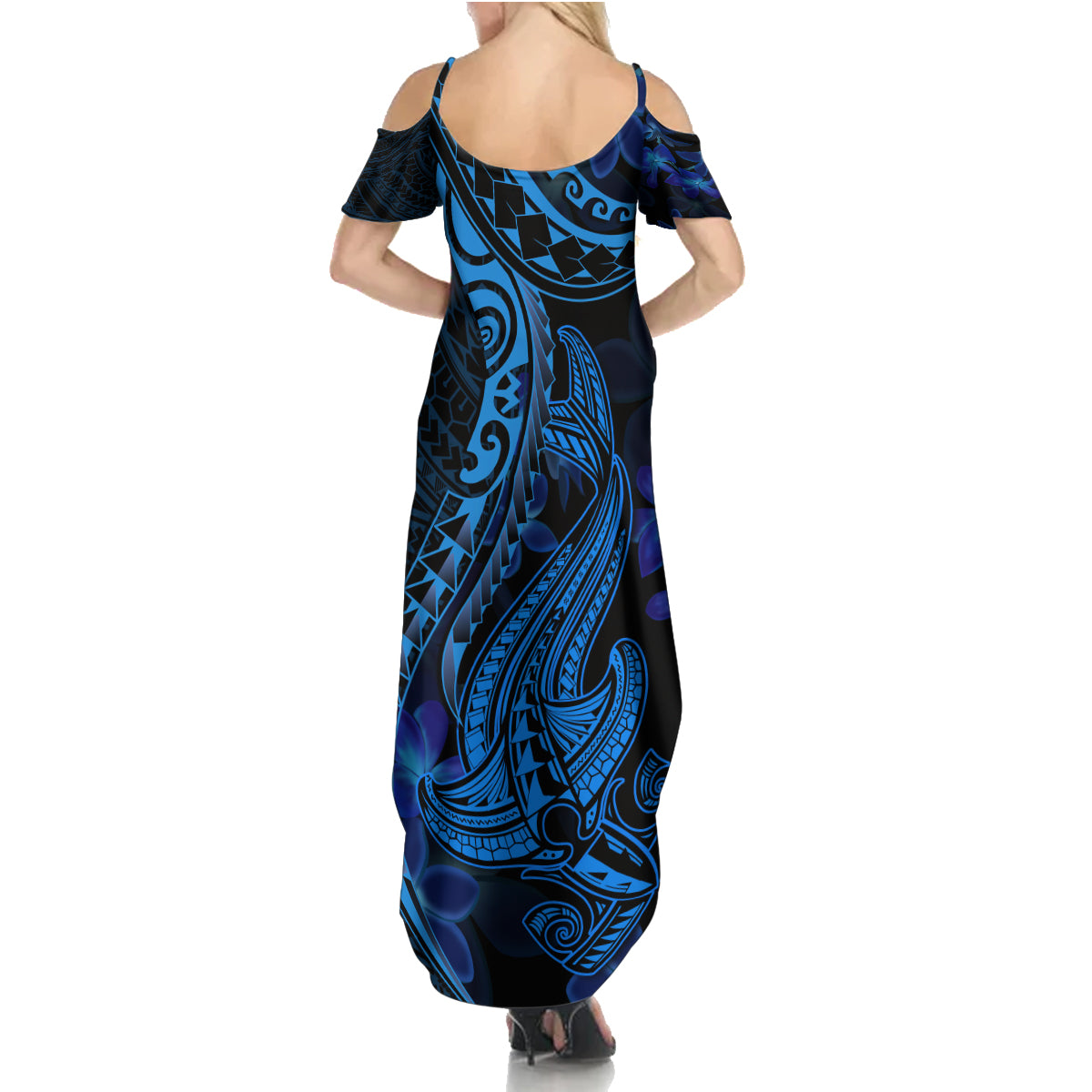 Blue Polynesia Shark Tattoo Family Matching Summer Maxi Dress and Hawaiian Shirt With Polynesian Plumeria - Wonder Print Shop