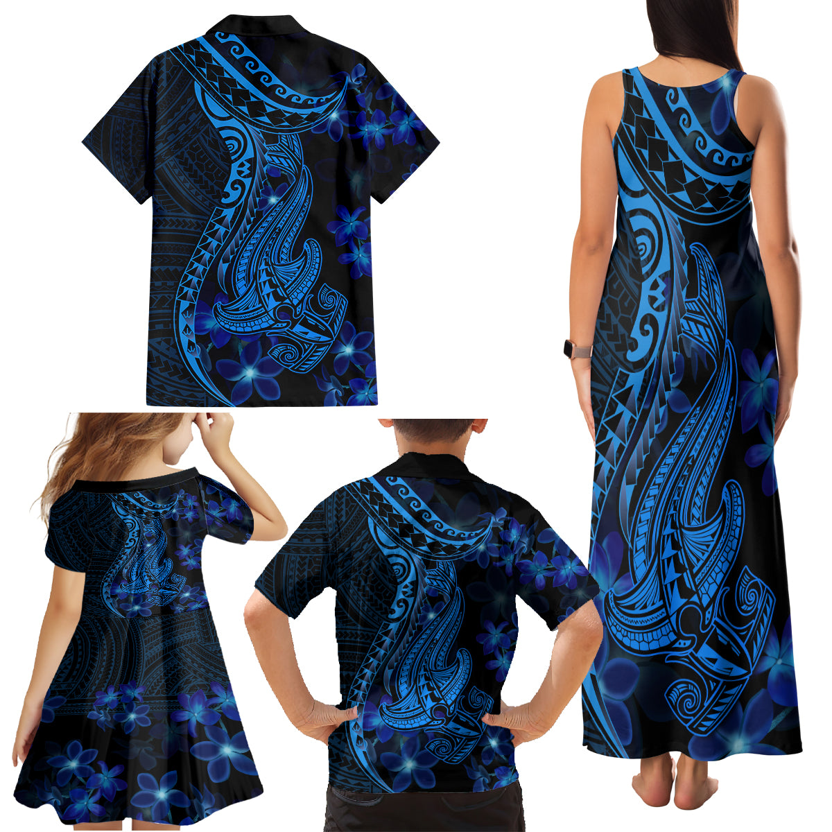 Blue Polynesia Shark Tattoo Family Matching Tank Maxi Dress and Hawaiian Shirt With Polynesian Plumeria - Wonder Print Shop
