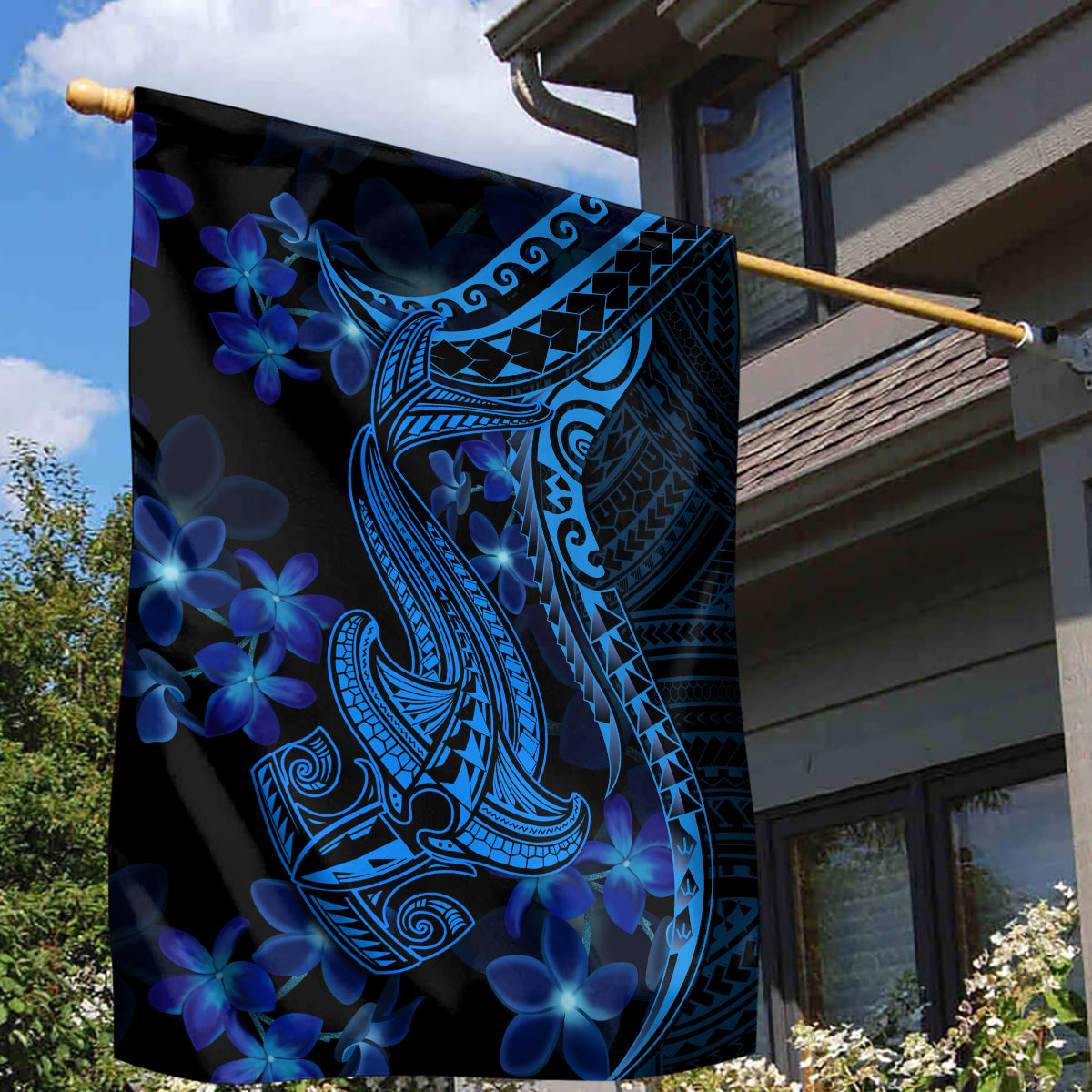 Blue Polynesia Shark Tattoo Garden Flag With Polynesian Plumeria - Wonder Print Shop