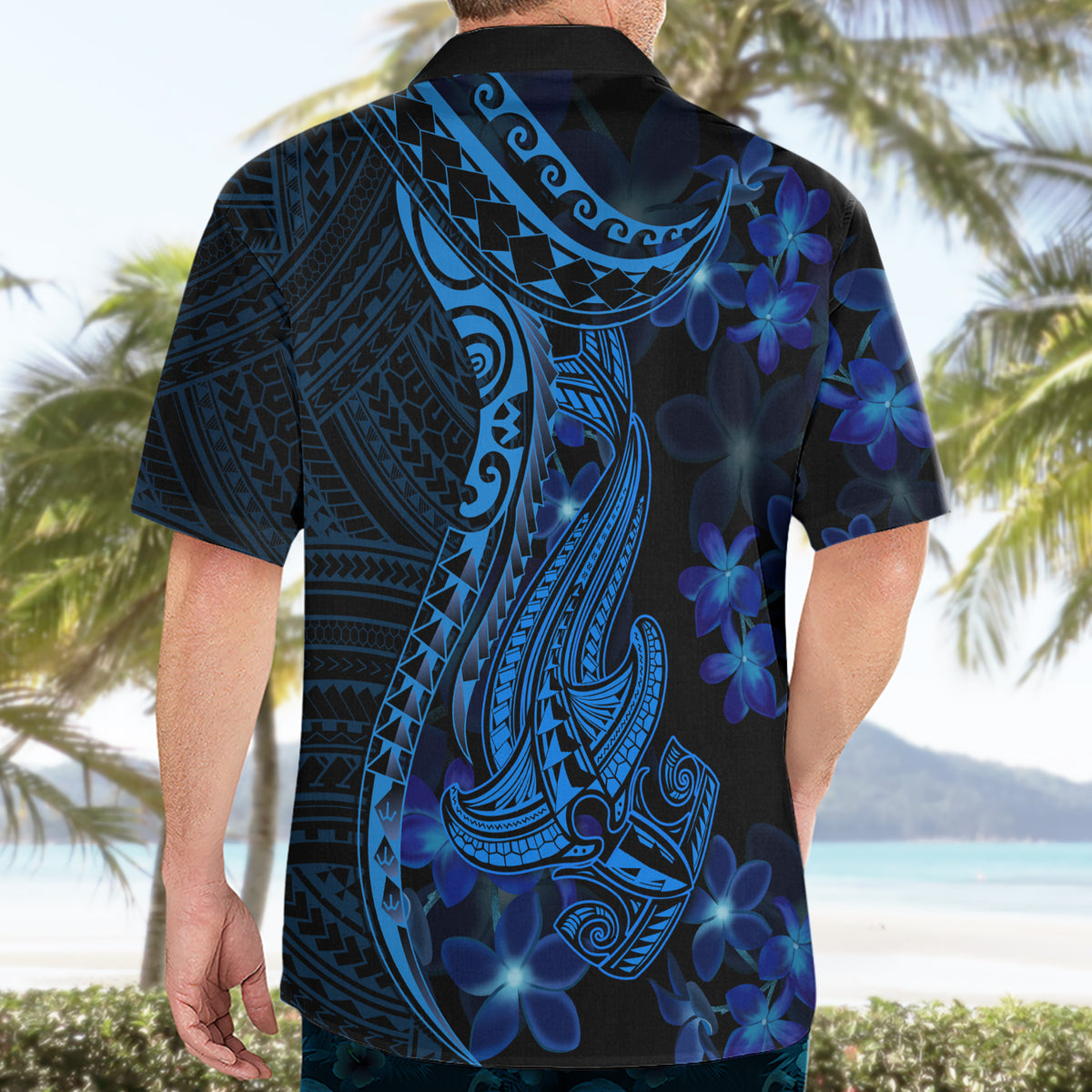 Blue Polynesia Shark Tattoo Hawaiian Shirt With Polynesian Plumeria - Wonder Print Shop