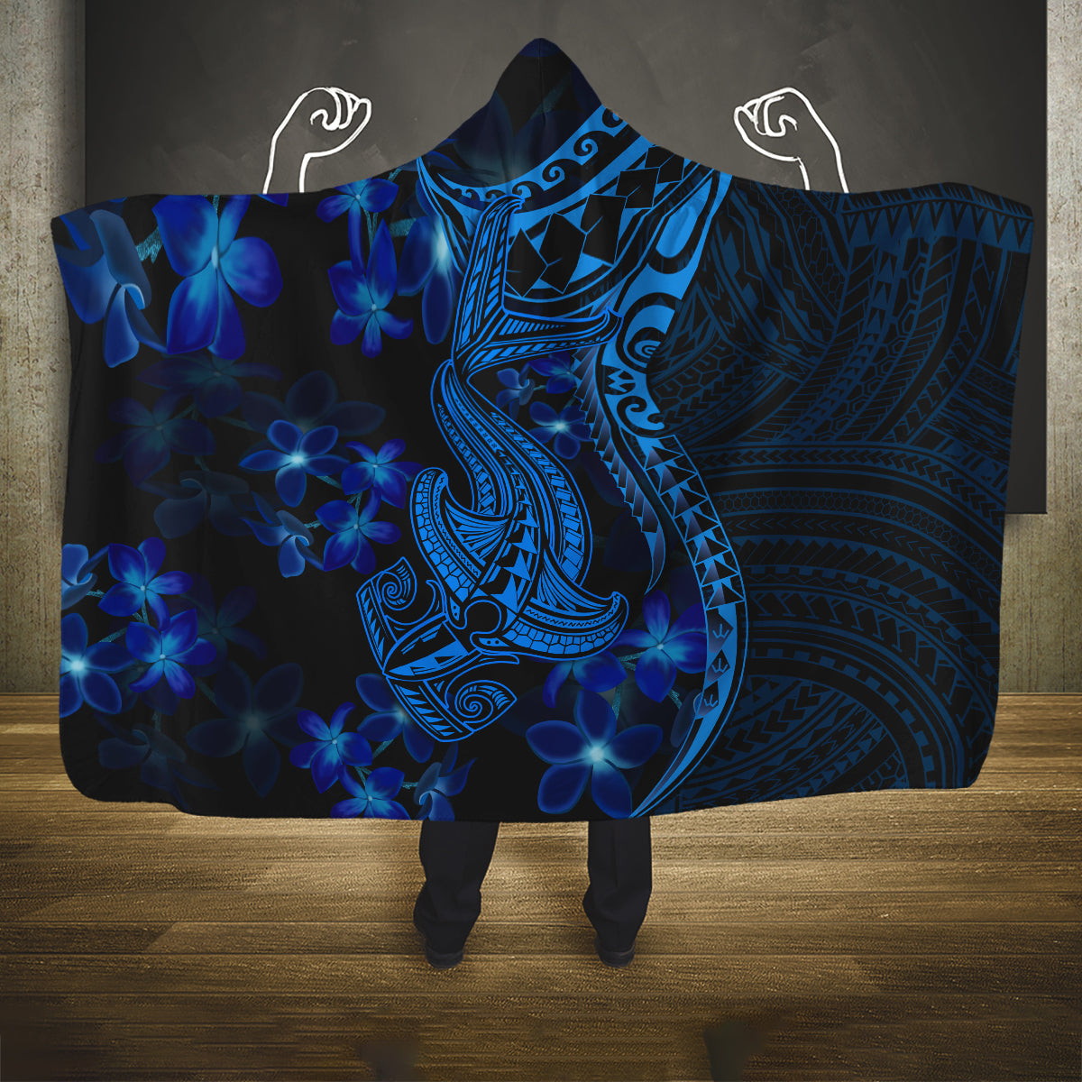 blue-polynesia-shark-tattoo-hooded-blanket-with-polynesian-plumeria