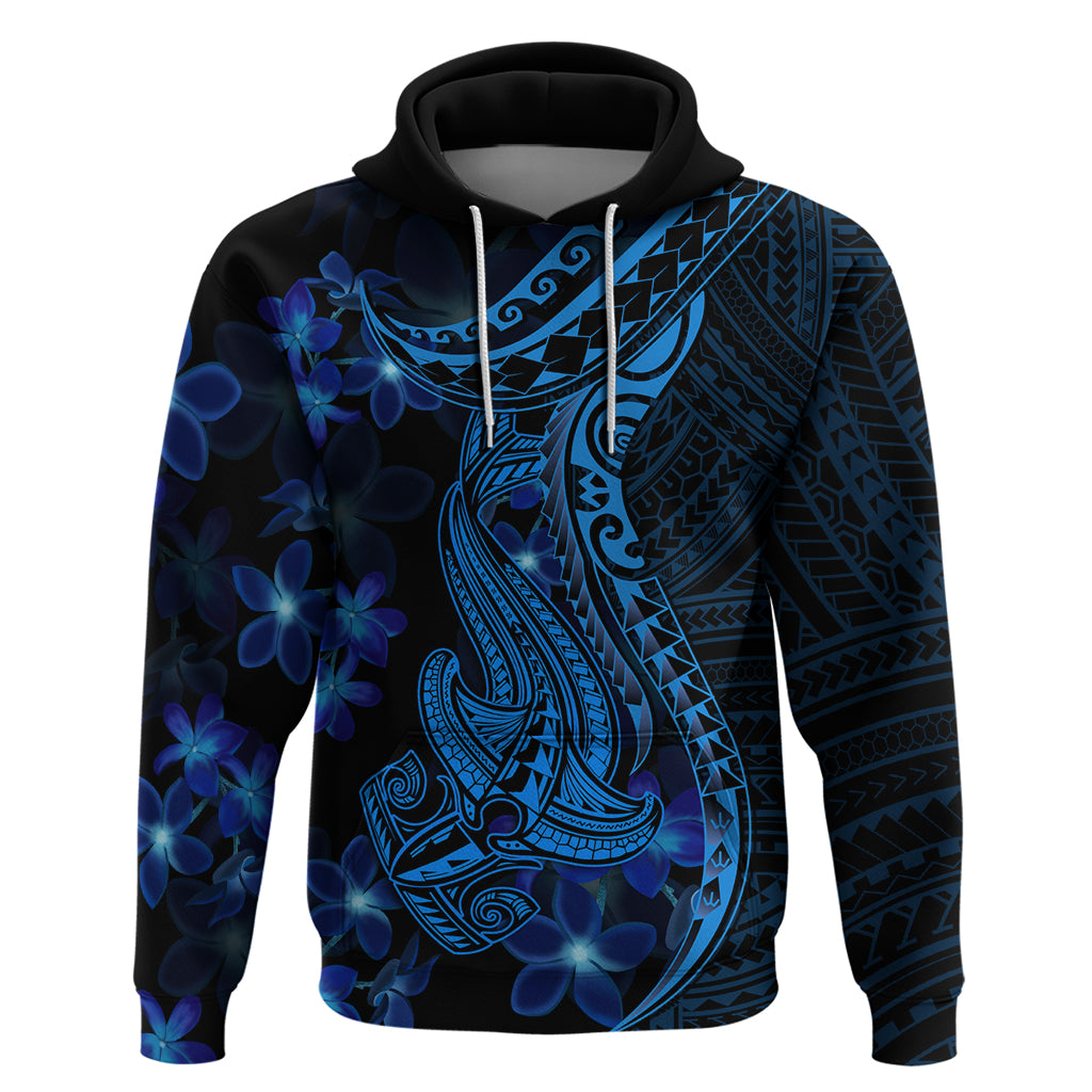 Blue Polynesia Shark Tattoo Hoodie With Polynesian Plumeria - Wonder Print Shop
