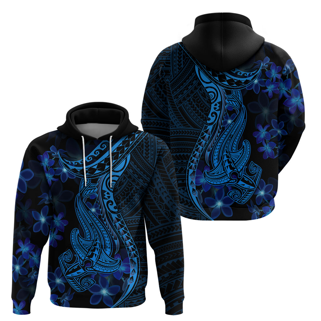 Blue Polynesia Shark Tattoo Hoodie With Polynesian Plumeria - Wonder Print Shop