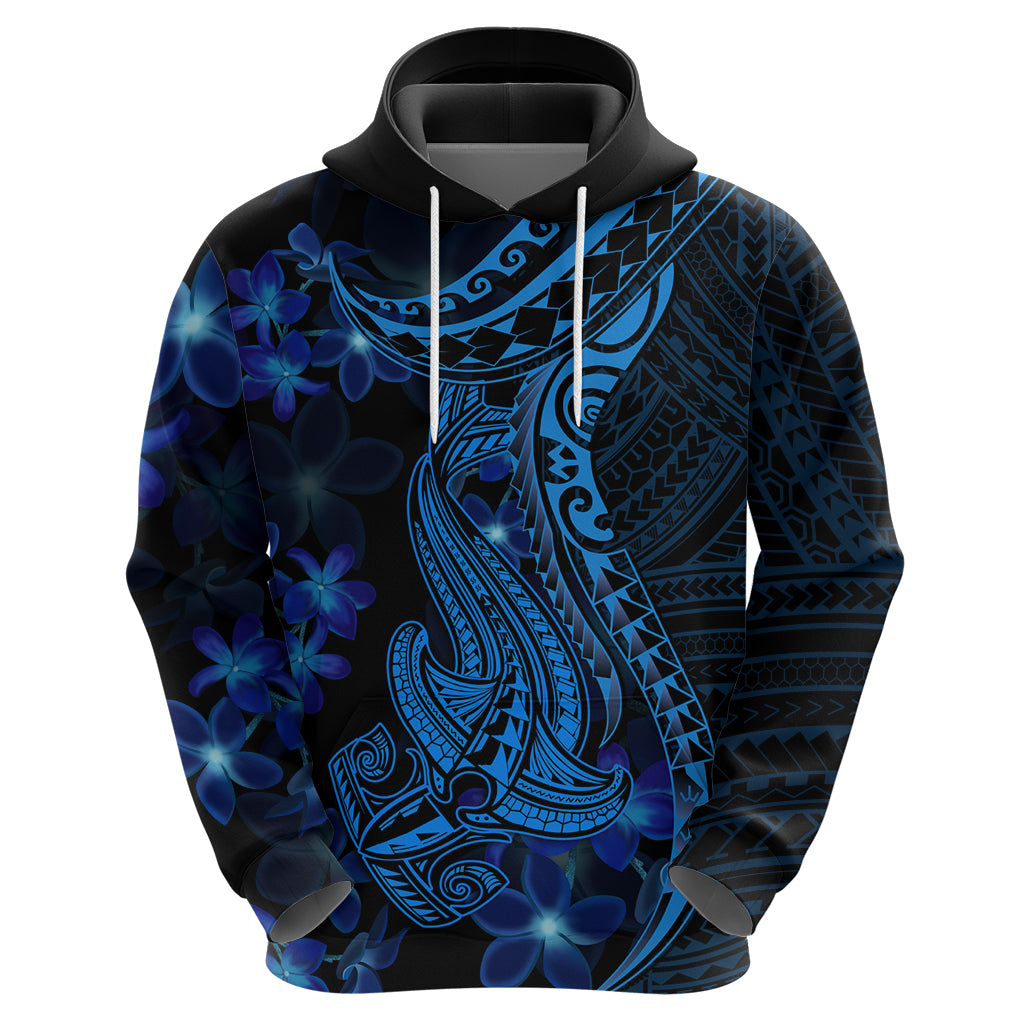Blue Polynesia Shark Tattoo Hoodie With Polynesian Plumeria - Wonder Print Shop