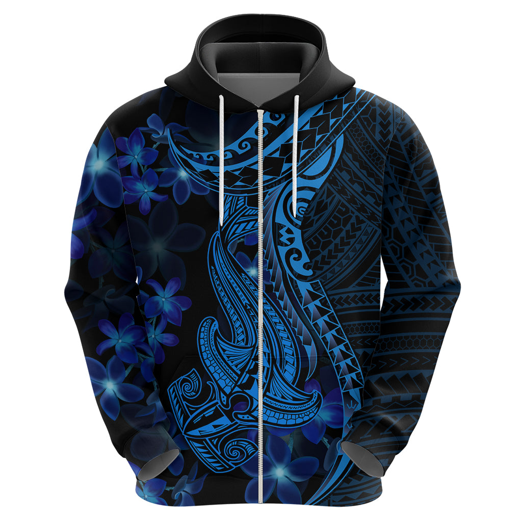 Blue Polynesia Shark Tattoo Hoodie With Polynesian Plumeria - Wonder Print Shop