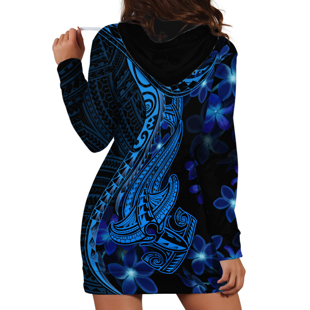 Blue Polynesia Shark Tattoo Hoodie Dress With Polynesian Plumeria - Wonder Print Shop