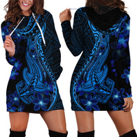Blue Polynesia Shark Tattoo Hoodie Dress With Polynesian Plumeria - Wonder Print Shop