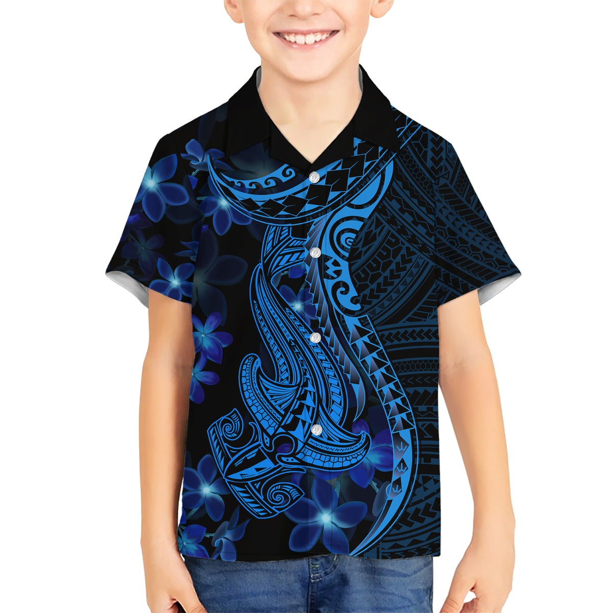 Blue Polynesia Shark Tattoo Kid Hawaiian Shirt With Polynesian Plumeria - Wonder Print Shop