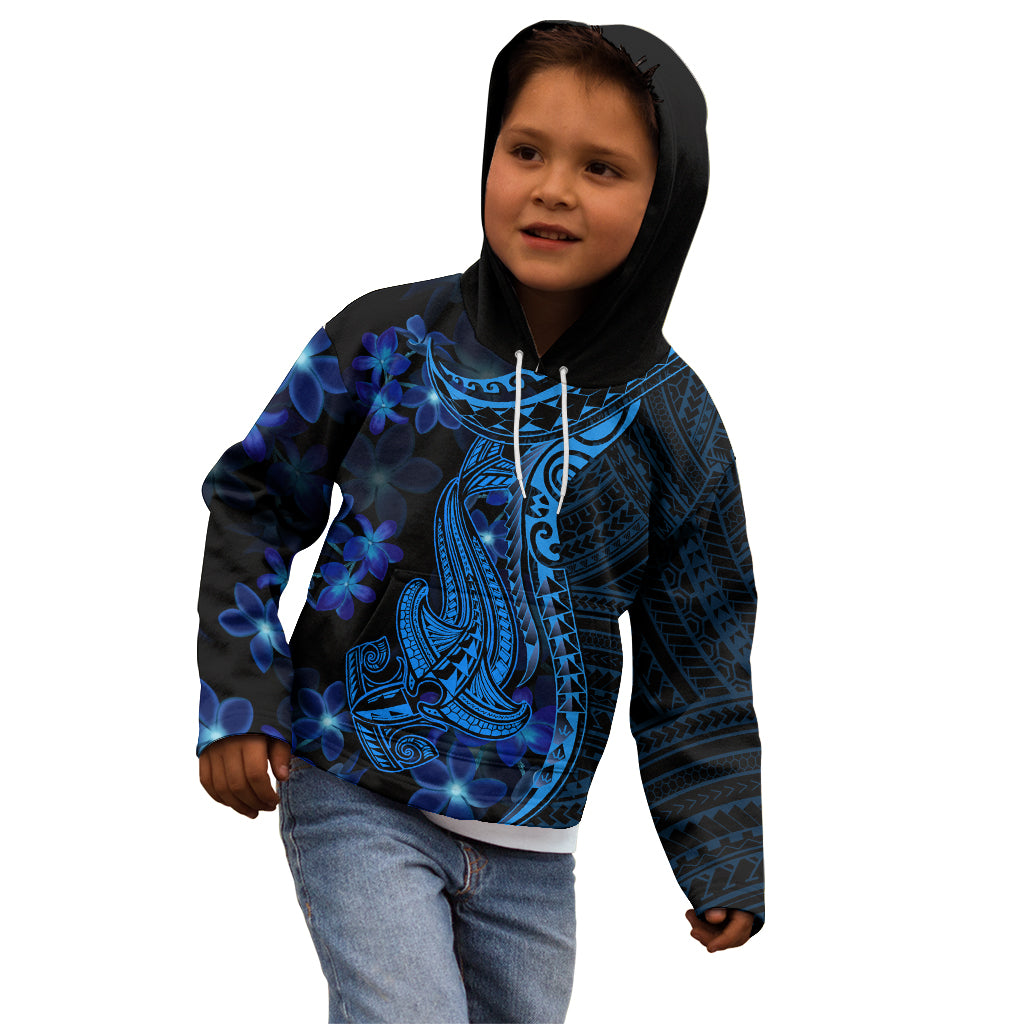 Blue Polynesia Shark Tattoo Kid Hoodie With Polynesian Plumeria - Wonder Print Shop