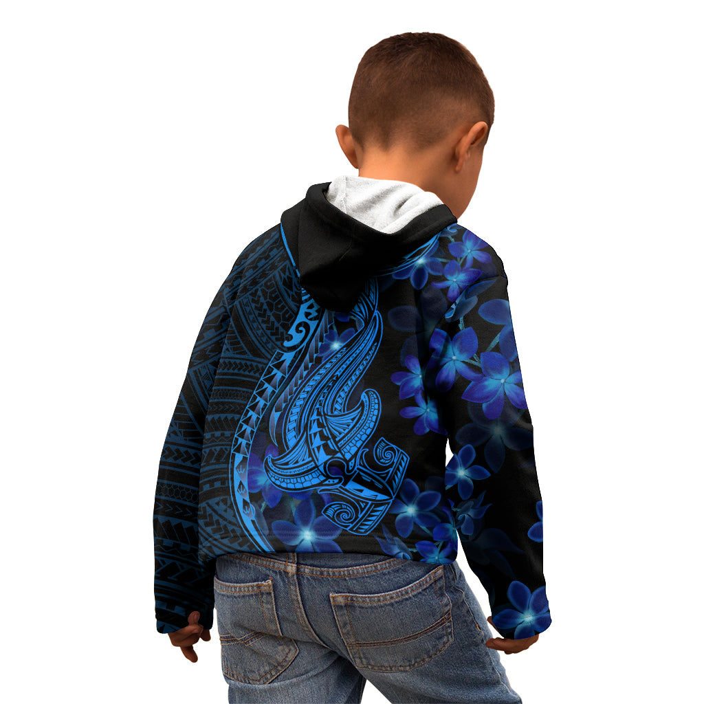 Blue Polynesia Shark Tattoo Kid Hoodie With Polynesian Plumeria - Wonder Print Shop
