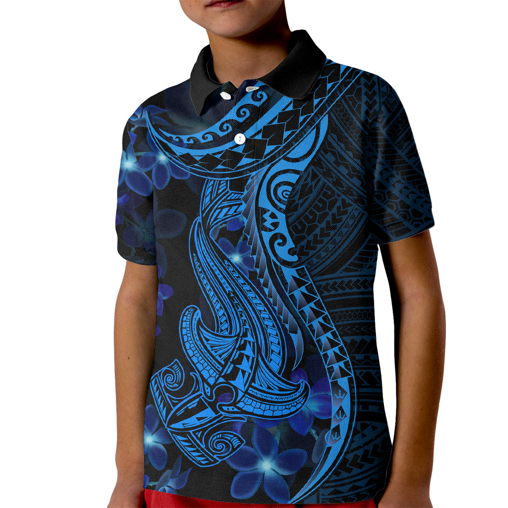 Blue Polynesia Shark Tattoo Kid Polo Shirt With Polynesian Plumeria - Wonder Print Shop