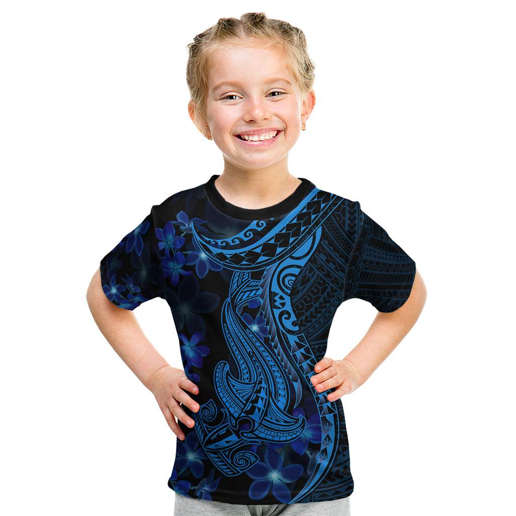 Blue Polynesia Shark Tattoo Kid T Shirt With Polynesian Plumeria - Wonder Print Shop