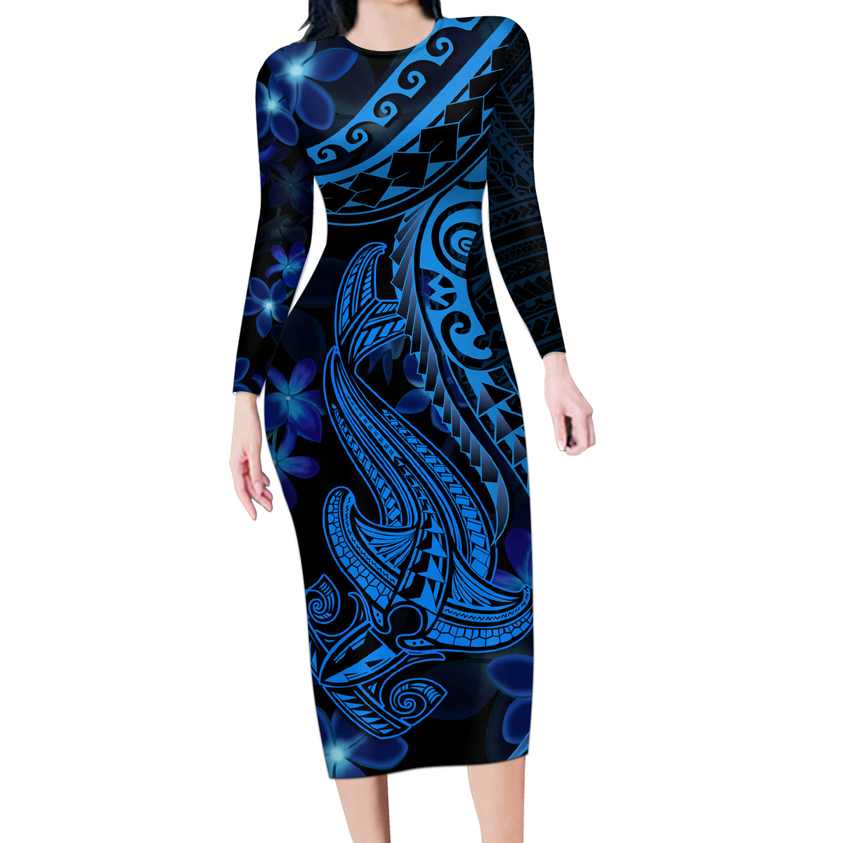 Blue Polynesia Shark Tattoo Long Sleeve Bodycon Dress With Polynesian Plumeria - Wonder Print Shop