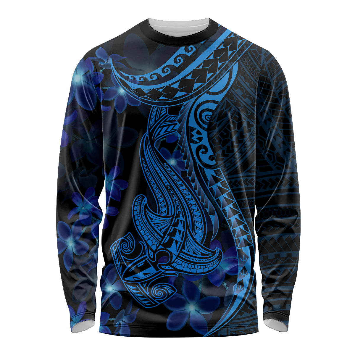 Blue Polynesia Shark Tattoo Long Sleeve Shirt With Polynesian Plumeria - Wonder Print Shop