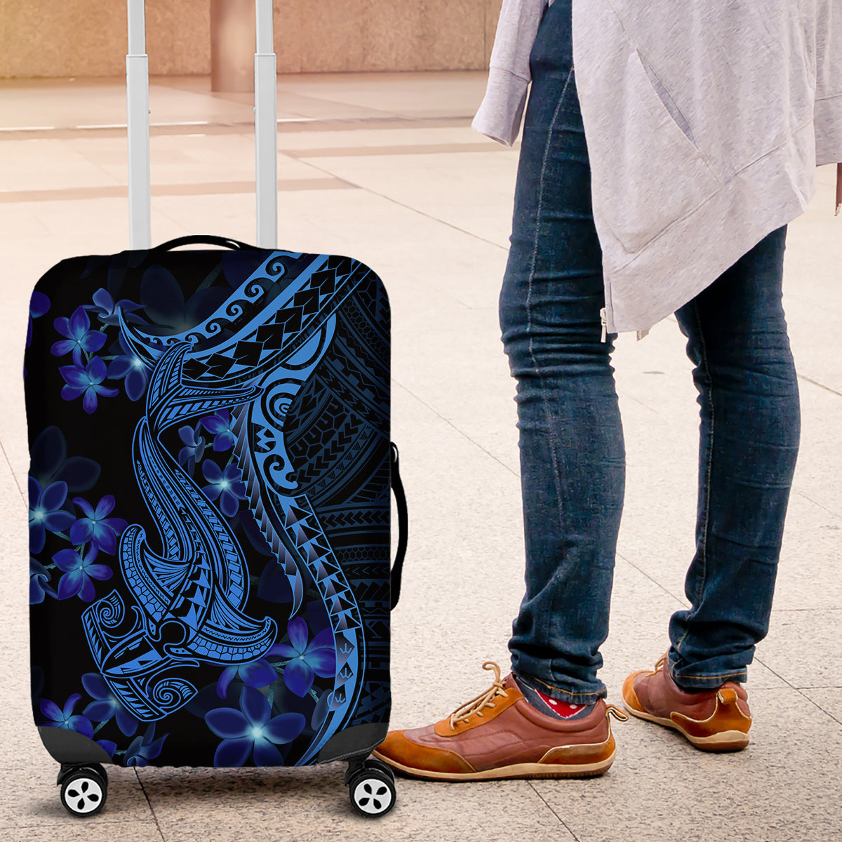 Blue Polynesia Shark Tattoo Luggage Cover With Polynesian Plumeria - Wonder Print Shop