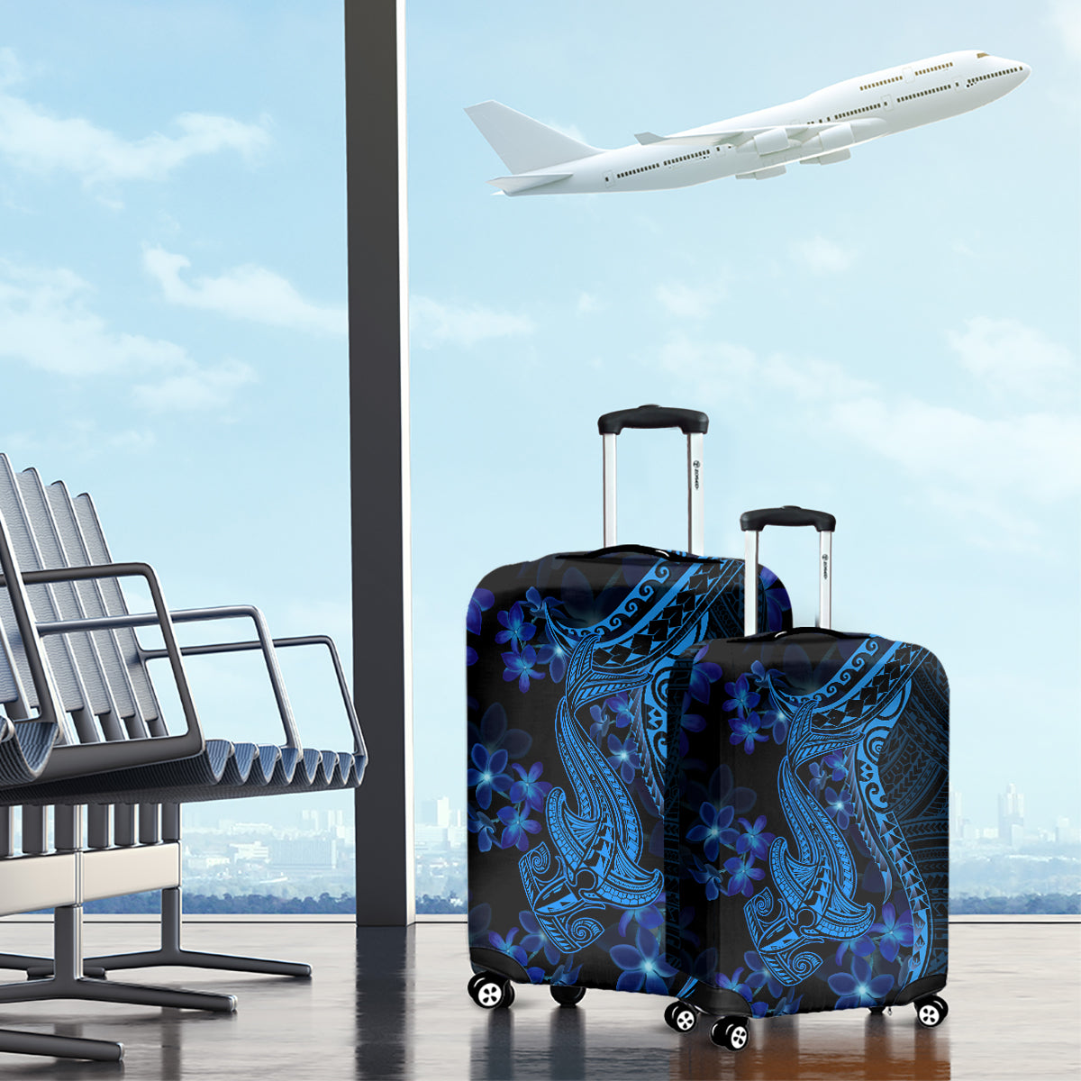Blue Polynesia Shark Tattoo Luggage Cover With Polynesian Plumeria - Wonder Print Shop