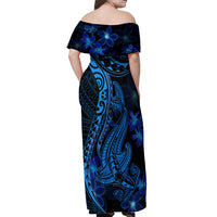 Blue Polynesia Shark Tattoo Off Shoulder Maxi Dress With Polynesian Plumeria - Wonder Print Shop