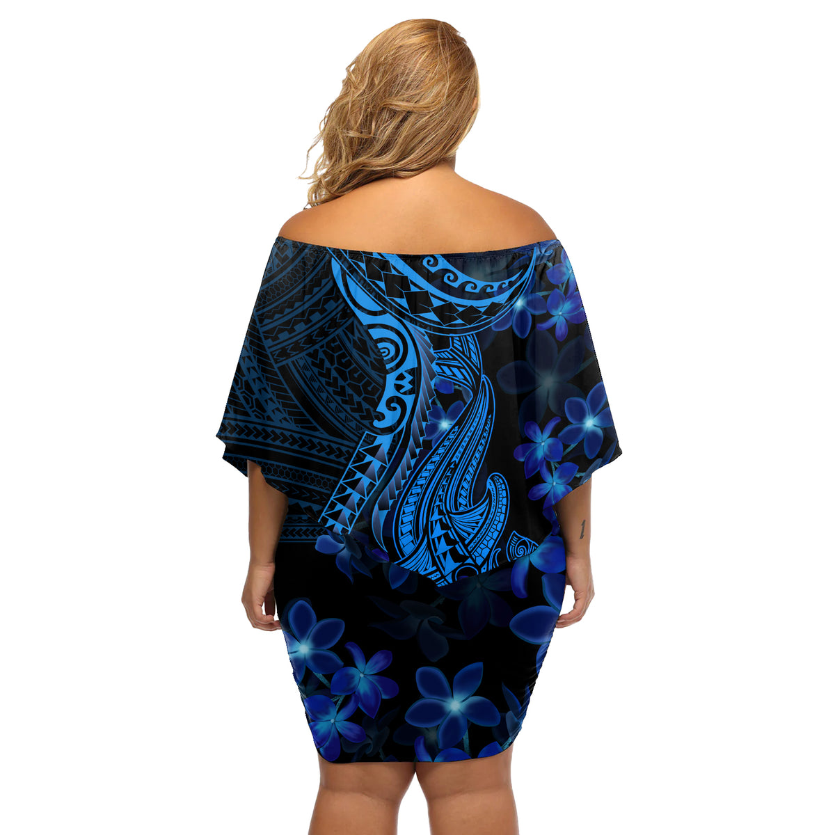Blue Polynesia Shark Tattoo Off Shoulder Short Dress With Polynesian Plumeria - Wonder Print Shop