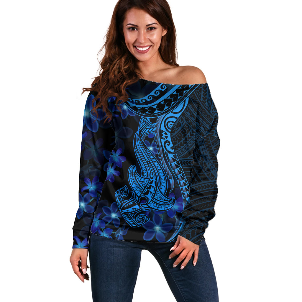 Blue Polynesia Shark Tattoo Off Shoulder Sweater With Polynesian Plumeria - Wonder Print Shop