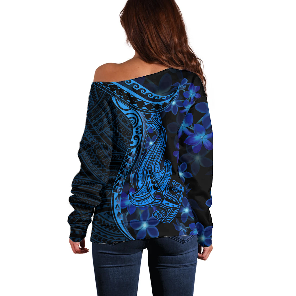 Blue Polynesia Shark Tattoo Off Shoulder Sweater With Polynesian Plumeria - Wonder Print Shop