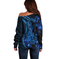 Blue Polynesia Shark Tattoo Off Shoulder Sweater With Polynesian Plumeria - Wonder Print Shop