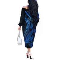 Blue Polynesia Shark Tattoo Off The Shoulder Long Sleeve Dress With Polynesian Plumeria - Wonder Print Shop