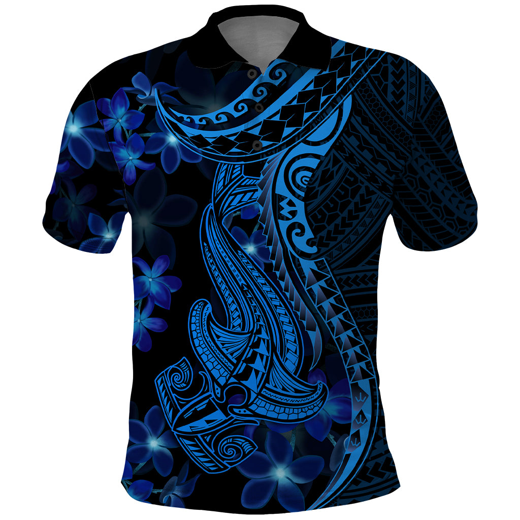 Blue Polynesia Shark Tattoo Polo Shirt With Polynesian Plumeria - Wonder Print Shop