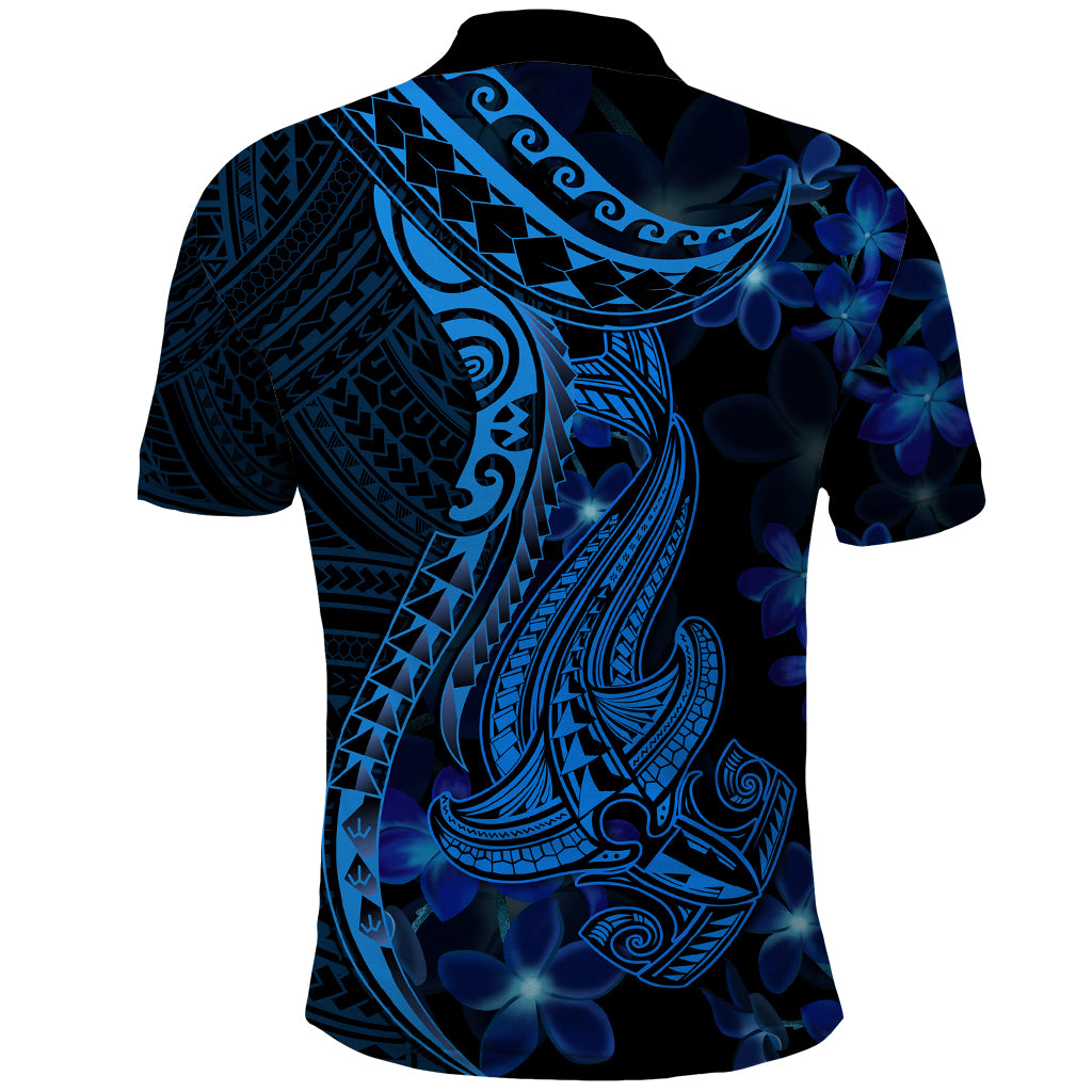 Blue Polynesia Shark Tattoo Polo Shirt With Polynesian Plumeria - Wonder Print Shop