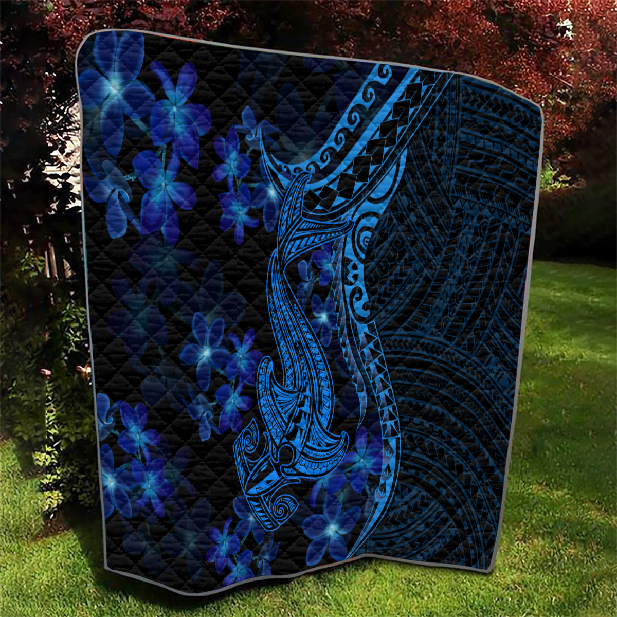 Blue Polynesia Shark Tattoo Quilt With Polynesian Plumeria - Wonder Print Shop