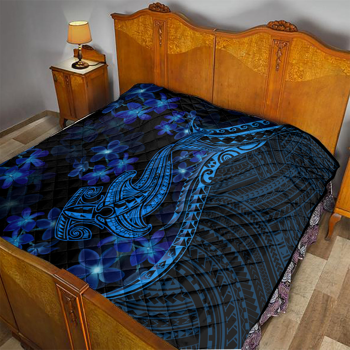 Blue Polynesia Shark Tattoo Quilt With Polynesian Plumeria - Wonder Print Shop