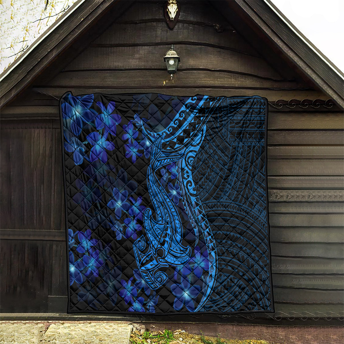 Blue Polynesia Shark Tattoo Quilt With Polynesian Plumeria - Wonder Print Shop