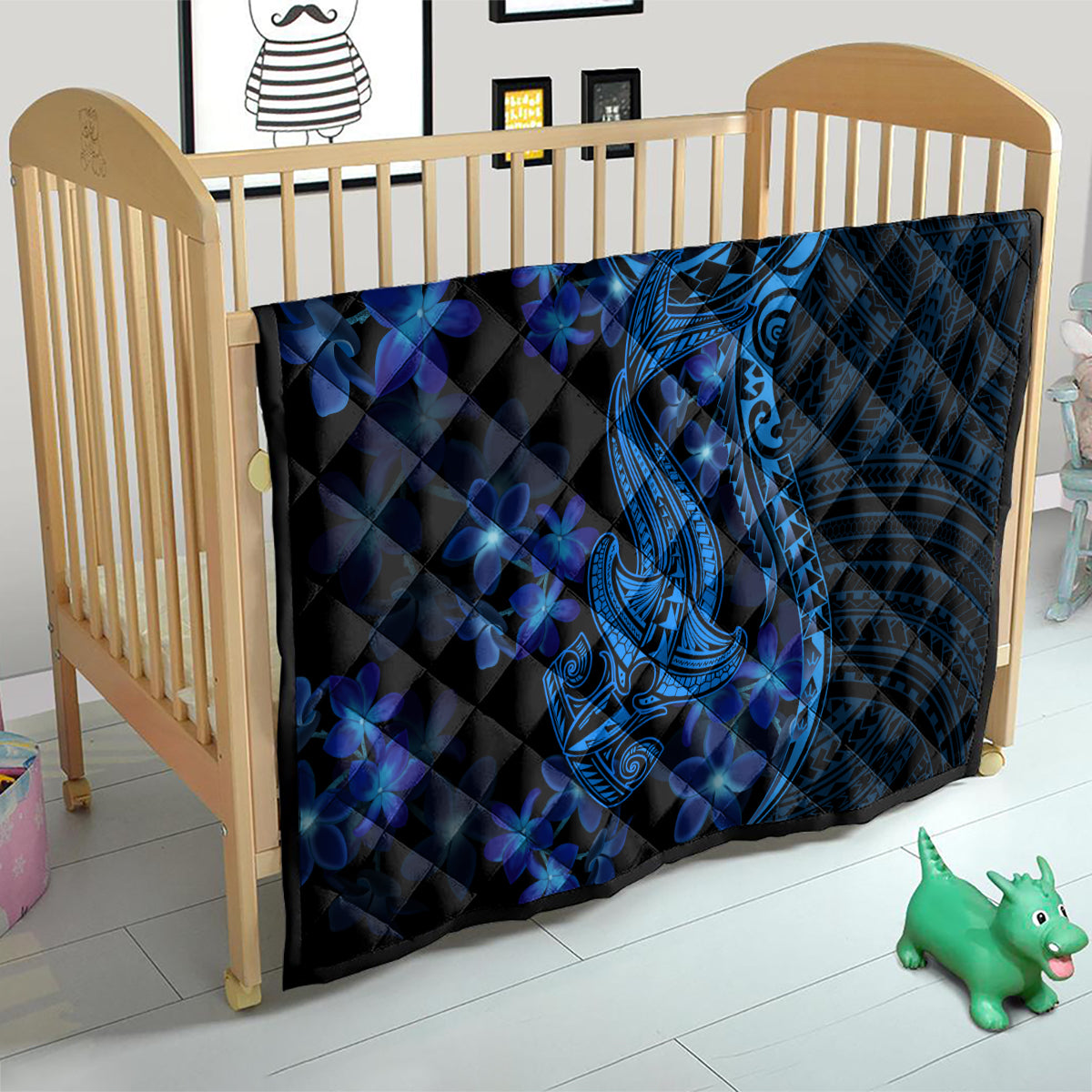 Blue Polynesia Shark Tattoo Quilt With Polynesian Plumeria - Wonder Print Shop