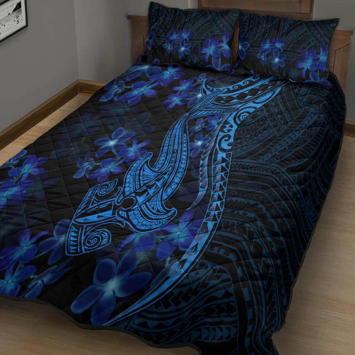 Blue Polynesia Shark Tattoo Quilt Bed Set With Polynesian Plumeria - Wonder Print Shop