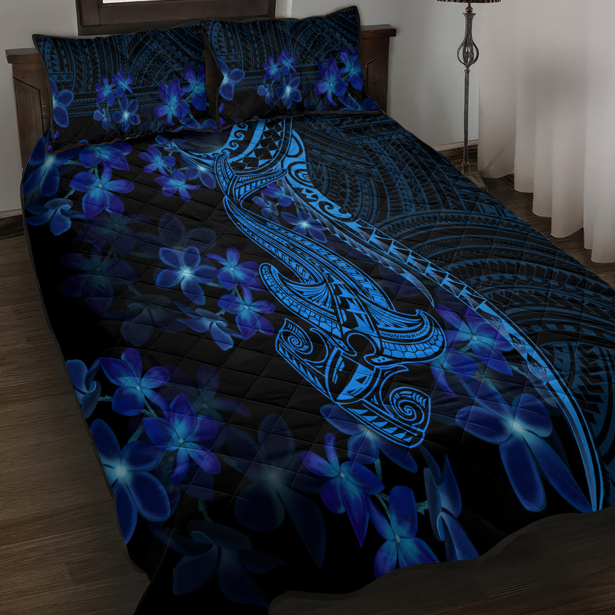 Blue Polynesia Shark Tattoo Quilt Bed Set With Polynesian Plumeria - Wonder Print Shop