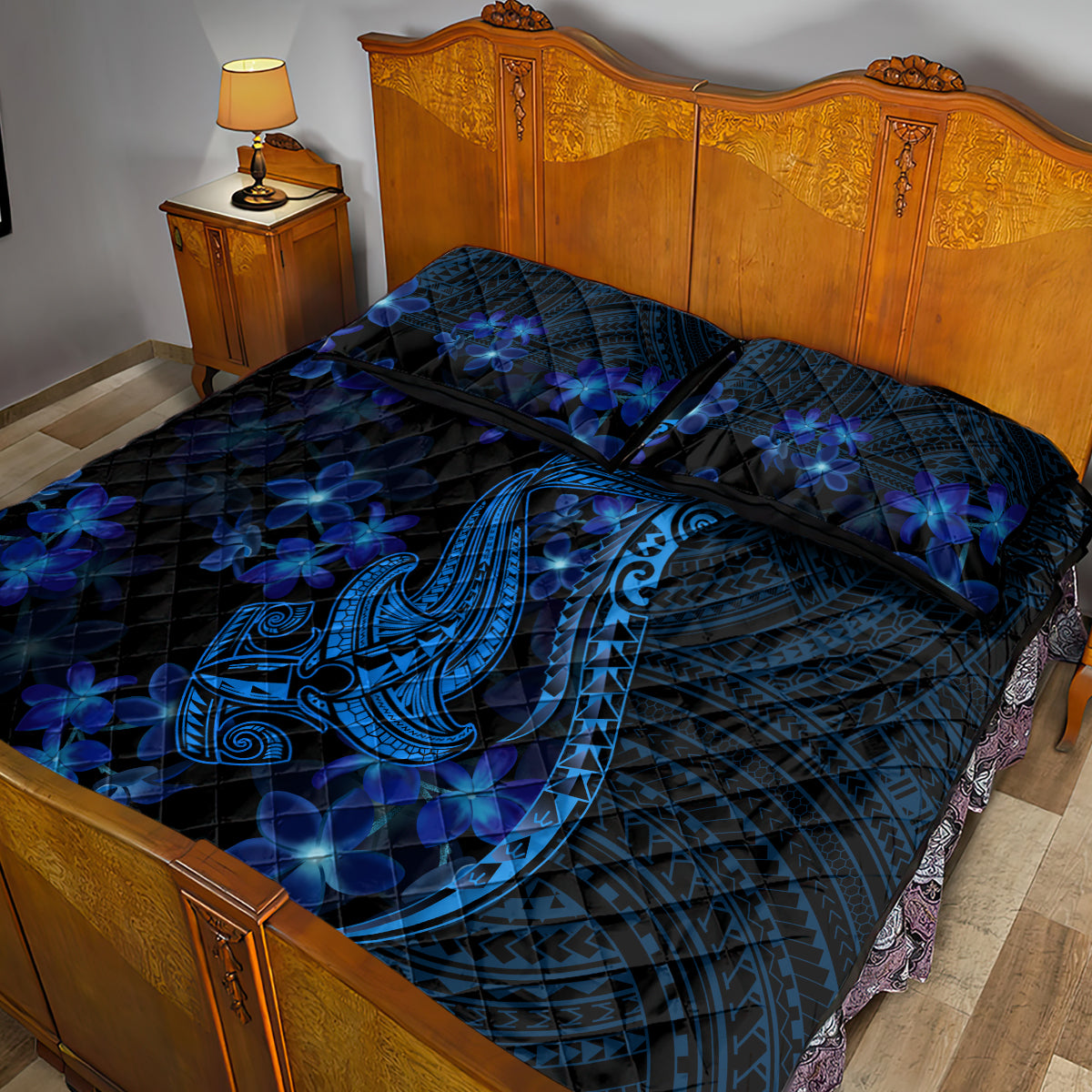 Blue Polynesia Shark Tattoo Quilt Bed Set With Polynesian Plumeria - Wonder Print Shop